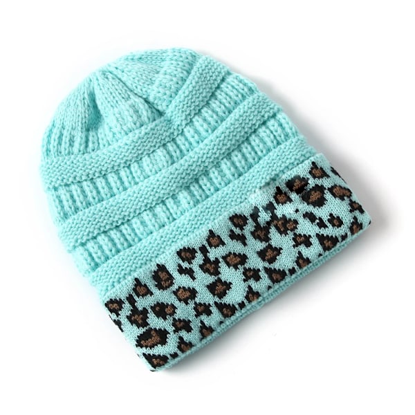 10 Färger Leopard Beanie Kvinnor Stretch Stickad Virkad Beanies Vintermössor För Kvinnor Varma Dam Messy Sky Blue One Size