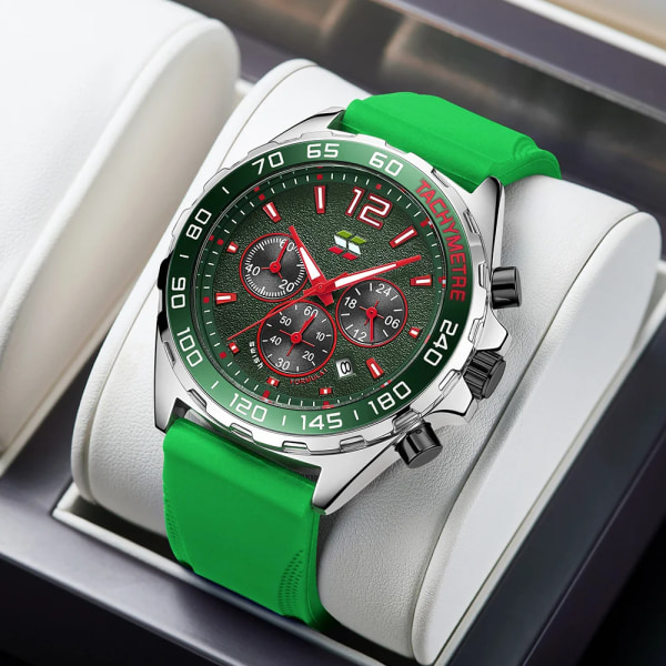 Mode Chronograph Herrklockor Toppmärke Lyx Silikonband Sport Armbandsur Business Quartz Klocka Vattentät Montre Homme Green with Box