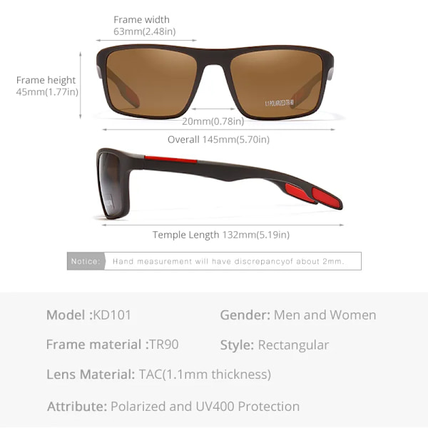 KDEAM Rectangular Ultra Light TR90 Solglasögon Herr Polariserad TAC 1,1 mm Tjocklek Lins Solglasögon Kvinnor Sport Kat.3 C2 Matte black TR90 Polarized