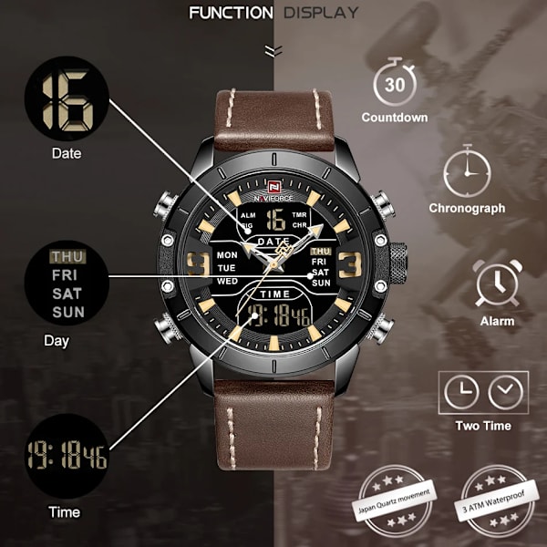NAVIFORCE Watch Herr Top Lyx Märke Läder Vattentät Quartz Armbandsur Militär Sport Herrklockor Date Relogio Masculino L-Coffee