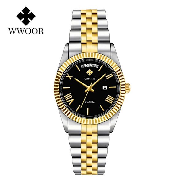 WWOOR Nya guldklockor Herr lyxigt rostfritt stål med kalender Warterproof manlig klocka Week Quartz Armbandsur Relogio Masculino Silver black