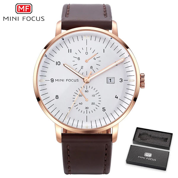 MINI FOCUS Mode Herrklockor Toppmärke Lyx Quartz Watch Date Window Armbandsur Brun Äkta läderrem reloj hombre BO BN RG WHITE
