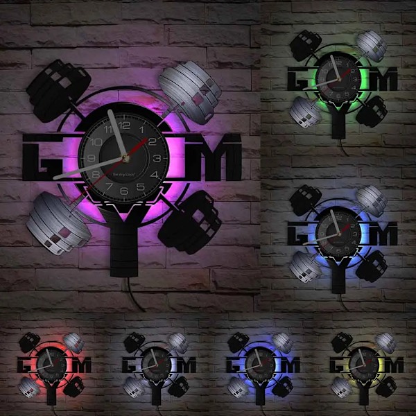 Bodybuilding Väggklocka Tillverkad av Äkta Vinylskiva Träning Tyngdlyftning Gymutrustning LED Bakgrundsbelysning Modern Klocka Till Kroppsbyggare Without LED(.105)