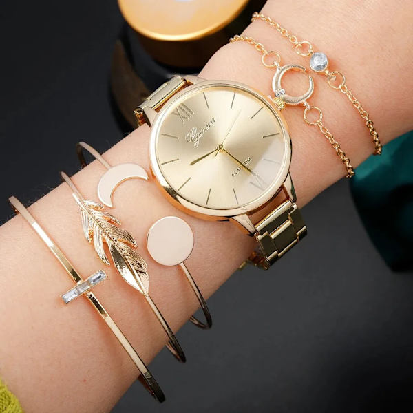 6/5/3PCS 2022 Lyx Damklockor Set Armband Armbandsur Mode Dam Quartz Watch Klänning Kvinnlig Klocka Montre Femme Relogio 5PCS Gold C