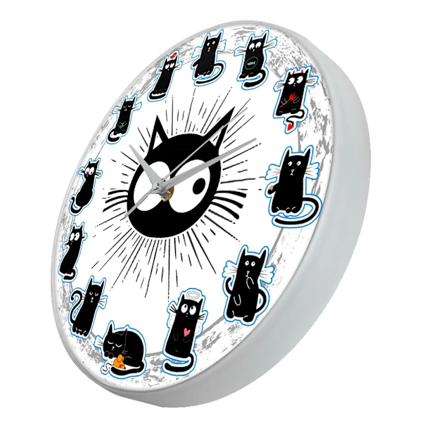 Svart Katt Glädje Stil Väggklocka Kattungar Väggkonst Tyst Klocka Cartoon Katter Barnrum Barnkammare Dekorativ Väggklocka Kattälskare Present White Frame With LED
