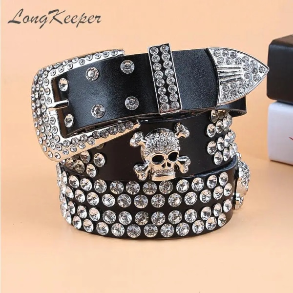 Kvinnor Y2K Bling Bling Rhinestones Bälte Flickor Skallebälten Andra lagret Koskinn Toppkvalitetsrem Kvinna För Jeans blue 110cm