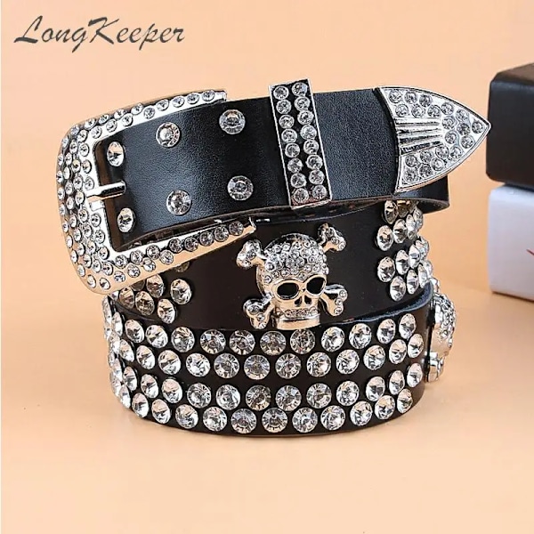 Kvinnor Y2K Bling Bling Rhinestones Bälte Flickor Skallebälten Andra lagret Koskinn Toppkvalitetsrem Kvinna För Jeans red 110cm