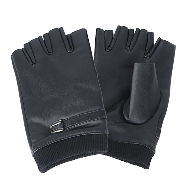 2022 Kvinnor Svart PU Läder Fingerless Handskar Solid Hona Knapp Varm Halvfinger Körning Män motor Punk Handskar Tjocka Guantes Black