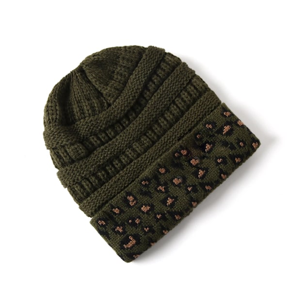 10 Färger Leopard Beanie Kvinnor Stretch Stickad Virkad Beanies Vintermössor För Kvinnor Varma Dam Messy Army green One Size