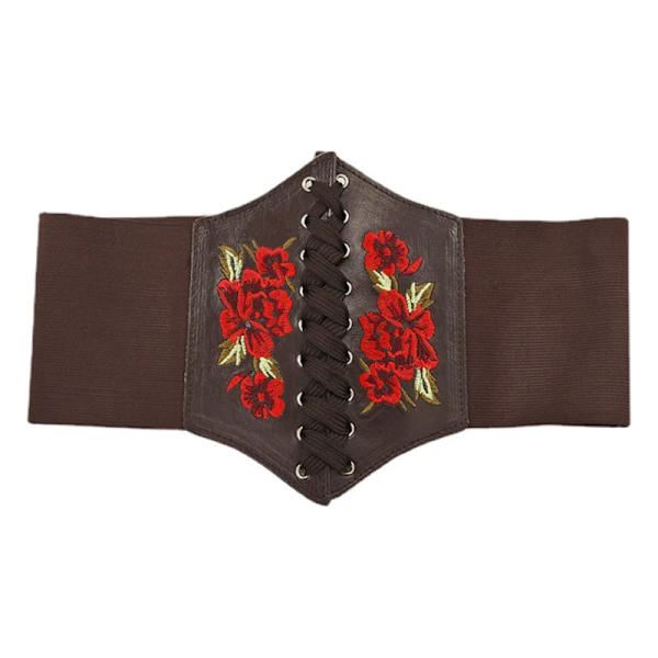 Broderad Svart Dam Bälte Blomma Midjekorsett Vacker Stretch Elastisk Midjeband Bred Korsett PU Läder Midja Smal brown embroidery 69-95cm