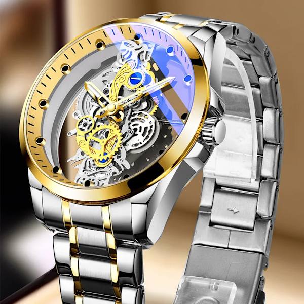 Armbandsur Double Hollow Automatisk Machine Rostfritt Stål Watch Icke-mekanisk Quartz Movement Tourbillon Watch for Herr silver