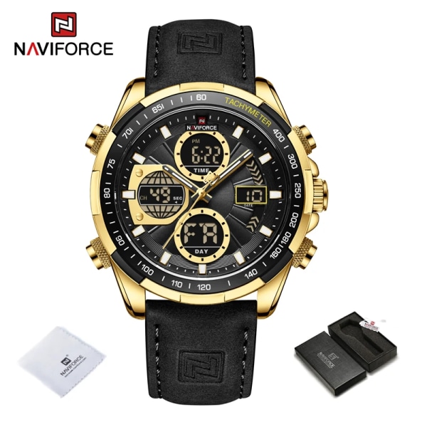 Nya original NAVIFORCE Business Luxury Läder Klockor Herr Sport 3ATM Vattentät LCD Display Watch För Man Quartz Armbandsur GBB-BOX