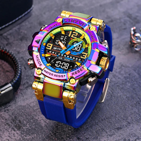 Ny STRYVE- watch för män Digital-Analog Dual Movement Lysande kalender Vattentäta klockor Mode Watch 8025 Black Blue