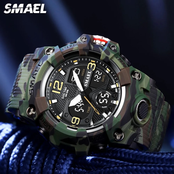 SMAEL Dual Time Watch för män Mode Vattentät Quart Digital Armbandsur Väckarklocka LED Bakgrundsbelysning Kalenderklockor 8008 Camo White-Box
