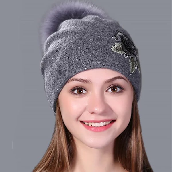 2016 Ny FemininoMink Pom Pom Vintermössa för Kvinnor Flickmössa Stickad Tjock Beanie Skullies Mössa gray hat pink pom