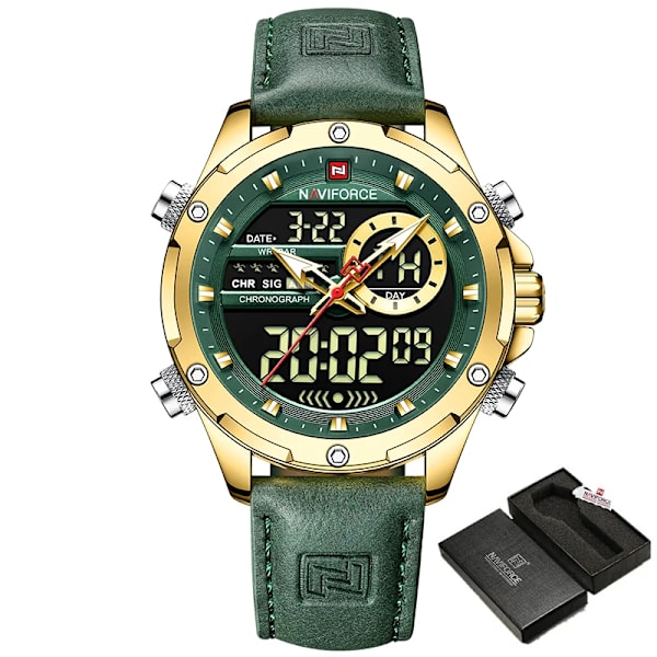 Nya NAVIFORCE klockor Herr Lyxmärke Militär Sport Watch Chronograph Quartz Vattentät Watch Läder Herrklocka G GN With Box