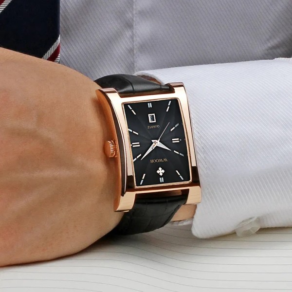 Elegant watch For Herr Guld Svart Läder Vattentät Date Armbandsur watch masculino gold black