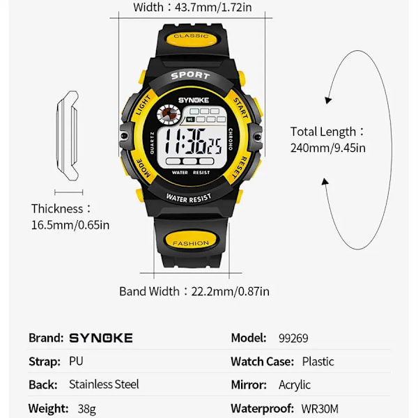 SYNOKE Multifunktionell Nattstudent Barn Elektronisk Watch Sport Vattentät Pojke Elektronisk Watch Vattentät Lätt Mode Yellow