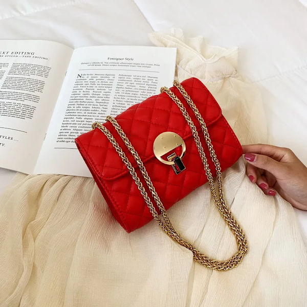 damväskor ny ankomst mode dam axelväska pu material diamant gitter kedjor crossbody väska svart röd färg Red