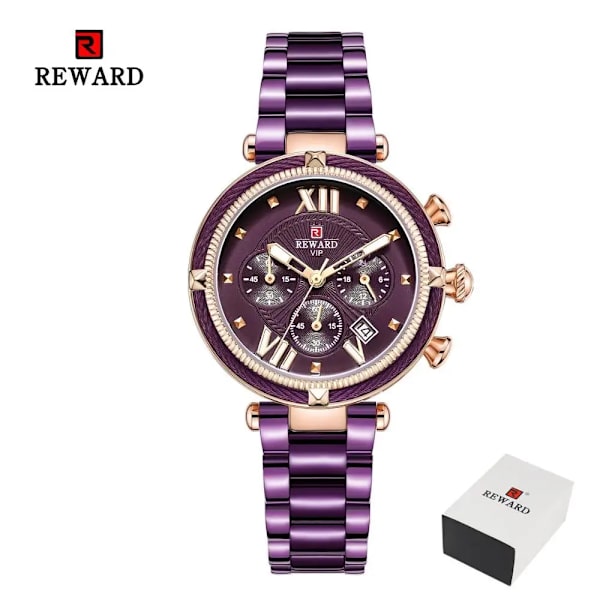 REWARD Mode Kvinnor Armbandsur i rostfritt stål Kvartsklockor Kronografkalender Vattentät Watch Present till fru Purple