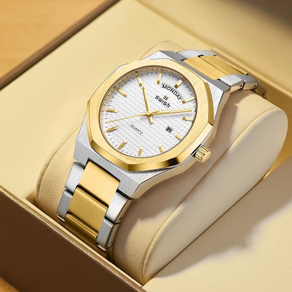Ny åttkantig design Quartz Armbandsur Herr Klänning i gyllene rostfritt stål Watch Datum/vecka Funktioner Lyx dykarklocka Man Silver White