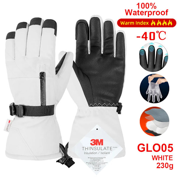 Thermal vinter vattentät män kvinnor handskar pekskärm vindtäta handskar utomhussport varm cykling snö skid handskar helfinger GLO05 WHITE L