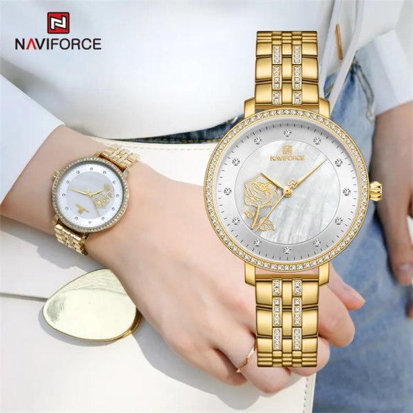 NAVIFORCE Rose Gold Watch Damklockor Dam Klockor Creative Steel Damarmband Klockor Damvattentät klocka Relogio Feminino Gold White-BOX