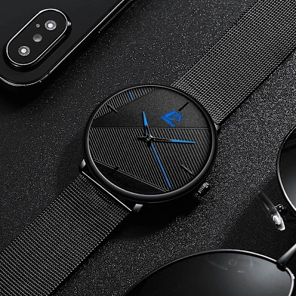 Märke Herrklockor Herr Enkelt Ultratunt mesh i rostfritt stål Bälte Quartz Clock Man Business Läder Armbandsur reloj hombre Mesh Black Red
