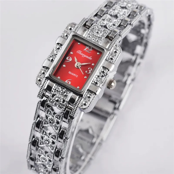 Damklocka Watch Silver Rostfritt stål Kristallklockor Mode Quartz For Women damer major relojes Relojes Red