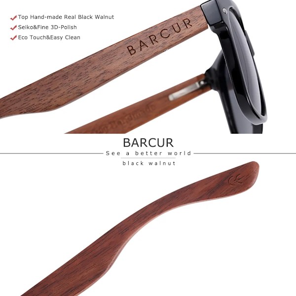 BARCUR Black Walnut Solglasögon Trä Polariserade Solglasögon Herr Glasögon Herr UV400 Skyddsglasögon Original Träkartong Blue zipper box BARCUR Polarized