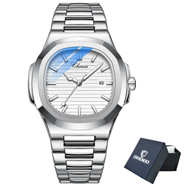 CHENXI 2023 Nya herrklockor Business Clock Top Lyxmärke Quartz Watch Rostfritt stål Vattentät självlysande armbandsur Silver White Box