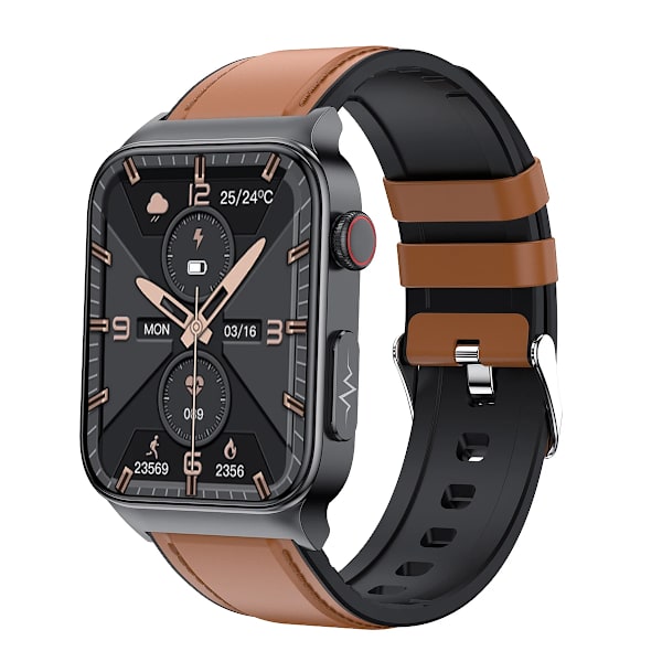 Ny E500 Blodsocker Smart Watch EKG-övervakning Blodtryck Kroppstemperatur Smartwatch Män IP68 Vattentät Fitness Tracker Brown Leather