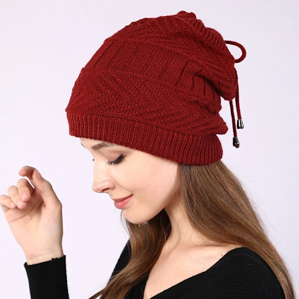 Mode Stretchig Stickad Skullies Beanies Hatt Solid Snood Halsduk Varm Beanie För Kvinnor Höst Vinter Kvinnlig Beanie Mössa red One Size