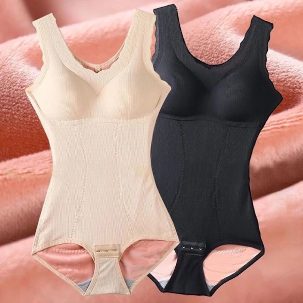 Kvinnor slimmad bodysuit med BH-kuddar Shapewear Vinter sammet Thermal Korsett Gördel Postpartum Modellering Underkläder Faja i ett stycke Black L