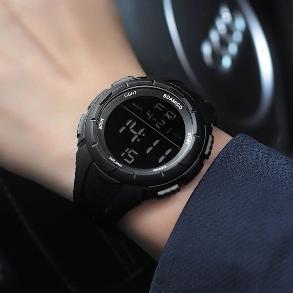 herr sportklockor herr digitala klockor BOAMIGO märke watch stor urtavla LED display armbandsur fitness present klocka 5105 Black