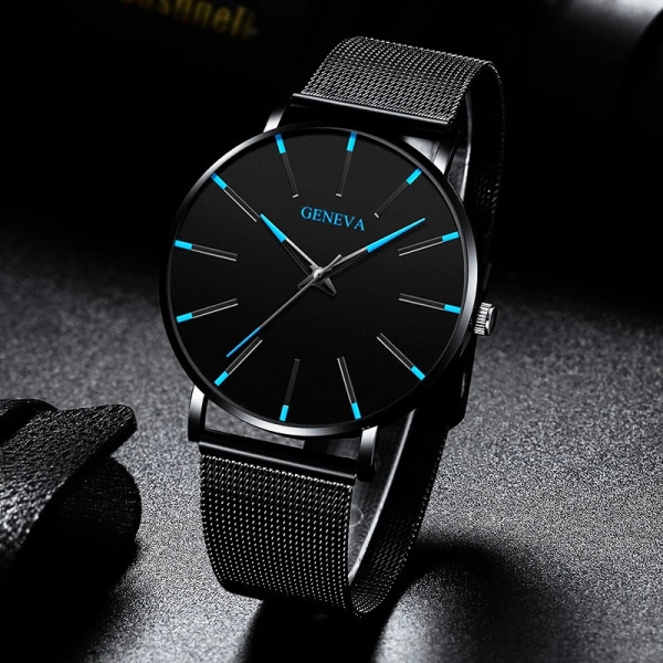 2023 Geneva Minimalist Watch Herr Ultra Tunn Blå Rostfritt stål Mesh bälteklockor Man Business Casual Quartz Watch L Silver White