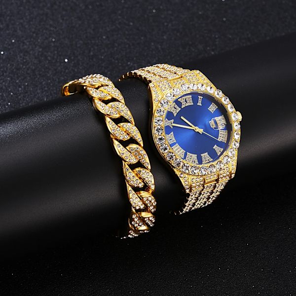 Iced Out Watch Herr Lyx Märke Full Diamond Herrklockor AAA CZ Quartz Watch Vattentät Hip Hop Man Klocka Present För Herr Gold Blue Set