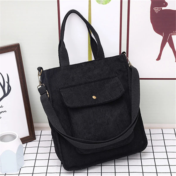 Retro Corduroy Kvinnor Handväskor Stor Kapacitet Messenger Toes Dammode Enkel Designer Dragkedja Shoulder Vild tygväska Black