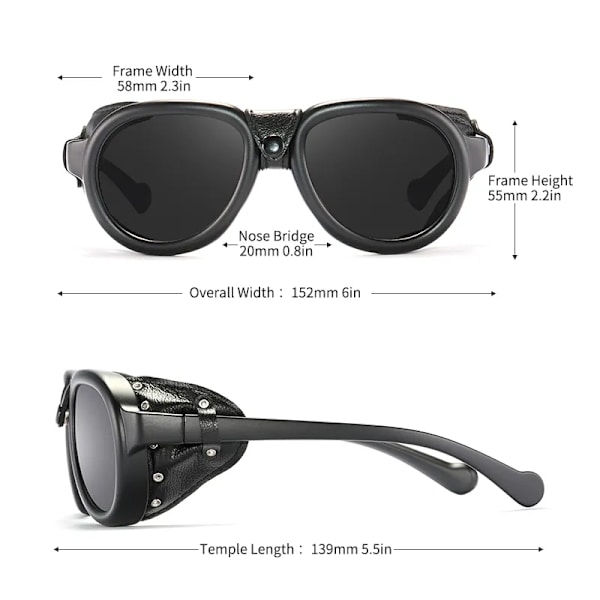 KDEAM Lyxiga Steampunk Pilot Solglasögon Män och Kvinnor Mjukt läder Sköldglasögon UV400 Skydd KD2095 C1 Bright Black