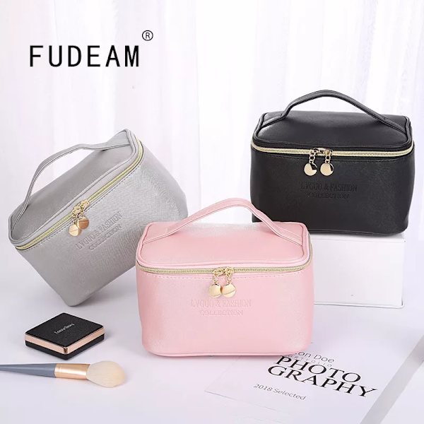 FUDEAM Läder Multifunktion Kvinnor Kosmetikväska Resor Toalettartiklar Förvaring Organisera Handväska Vattentät Kvinnlig Bärbart Makeup case Black C