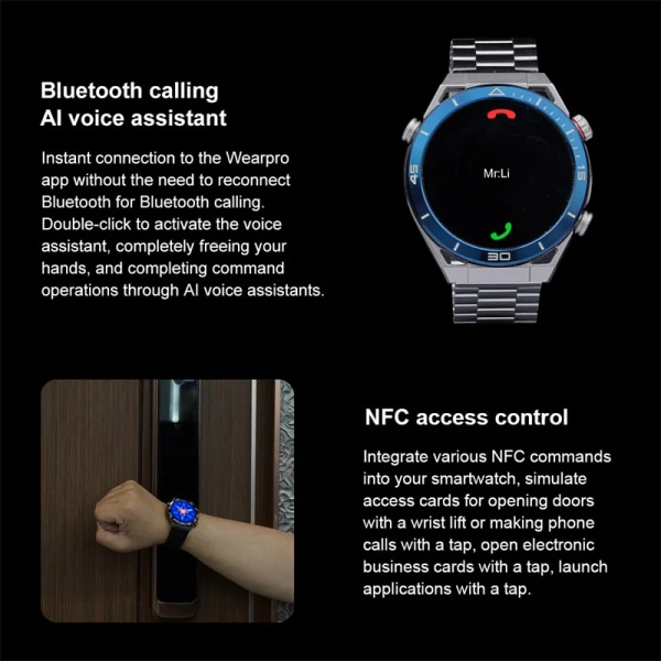 För Huawei NFC Smart Watch Herr GPS Track 454*454 HD AMOLED Skärm Kompass Puls BT Call IP68 Vattentät SmartWatch Ny Blue Leather