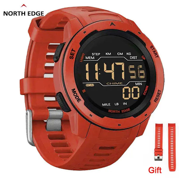 NORTH EDGE Digital Watch Herr Militärklocka Sportklockor Mode Watch Sport Simning Vattentät 50M Elektronisk klocka för män Red