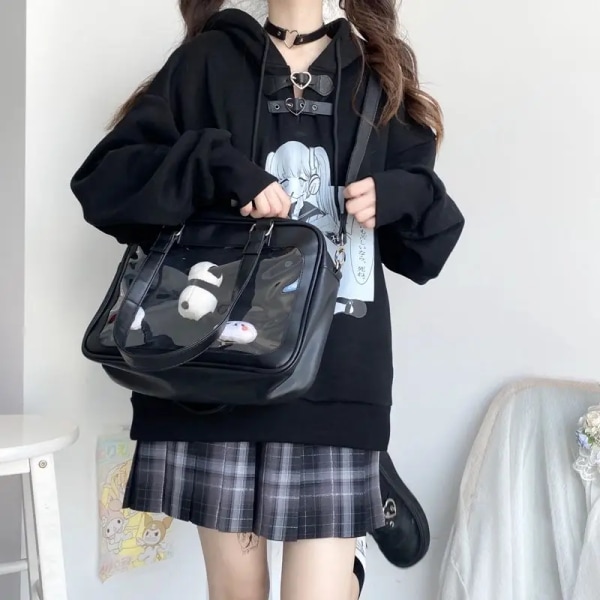 HAEX Harajuku Lolita Girls Ita-väskor Japanska JK-uniform Se Through Large Capacity PU Mode Casual Studenter Axelväskor Black02 32x23x9cm