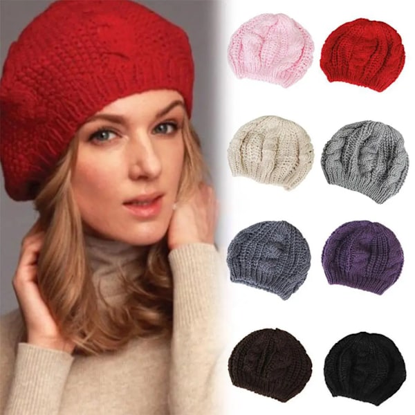 Dam Beret Stickad Lös Stickad Virkad Mössa Skidmössa Vinter Varm Mössa Beige