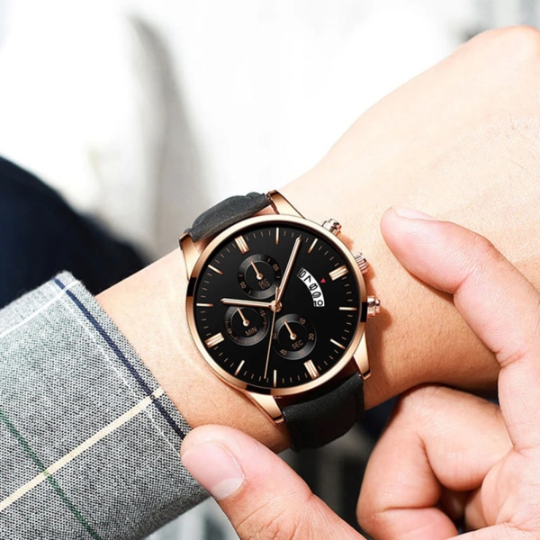Watch Mode Sport Handled Legering Case Läderband Quartz Business Armbandsur Kalenderklocka Present 01 Rose Gold-Black