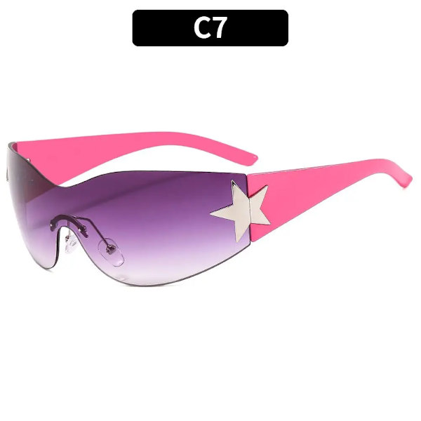 Y2K Solglasögon för kvinnor Män Trendiga båglösa Star Punk One Piece Goggles Oversized Wrap Around Solglasögon 2000-talsglasögon UV400 Solglasögon A-C7