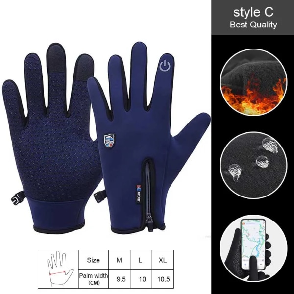 Pekskärm Vinter Thermal Varma Cykelcykelhandskar 2XL XXL Cykelskidor Utomhuscamping Vandring Motorcykelhandskar Helfinger C Blue M
