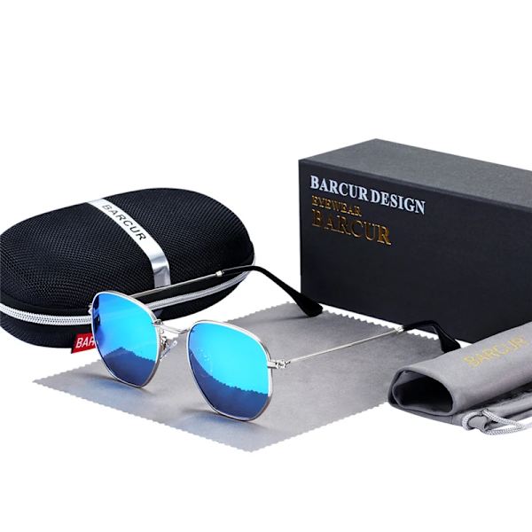 BARCUR Klassiska Retro Reflex Solglasögon Man Hexagon Solglasögon Metallram Glasögon Solglasögon Med Box Oculos De Sol gafas Silver Blue BARCUR
