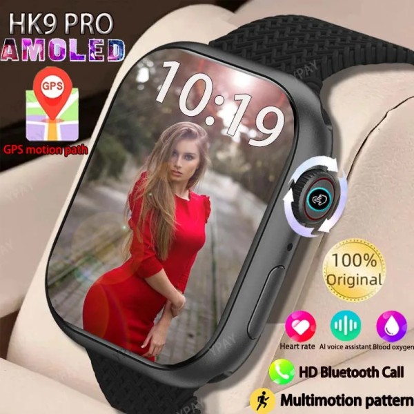 herrsmartklocka IP68 vattentät NFC Bluetooth samtal Smartwatch Series 9 AMOLED explosionssäker skärm för kvinnors smartklocka White F HK9 PRO
