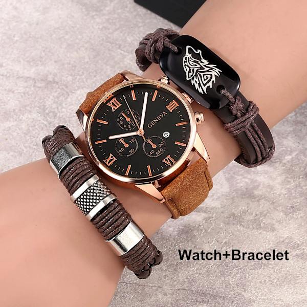 Mode Casual Quartz Watch för män Brunt läder Wolf Flätad watch Armband Gfit Set för män Pojkvän Regalos Para Hombre Watch-Bracelet 06
